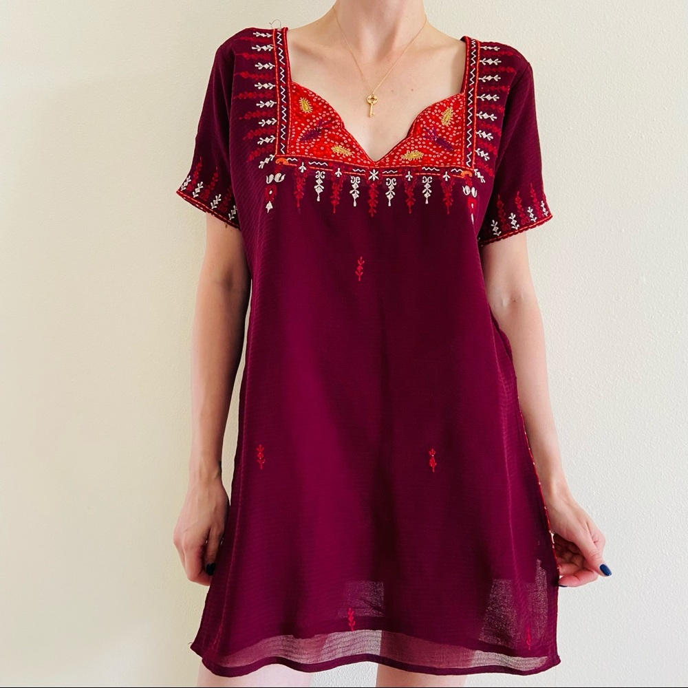 Bohemian tunic mini burgundy embroidered dress